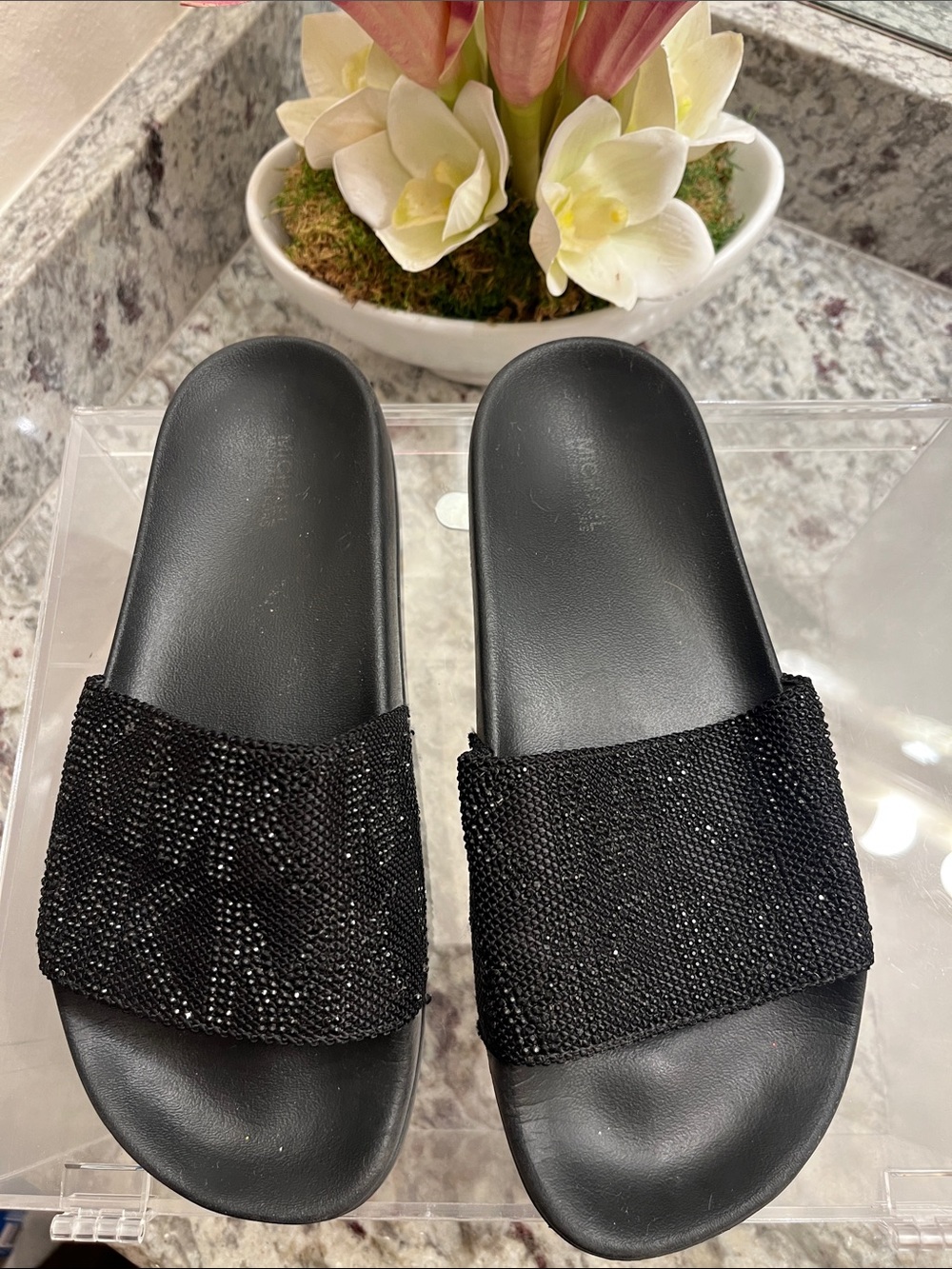 Michael Kors Black Crystal-Embellished Slide Sandals